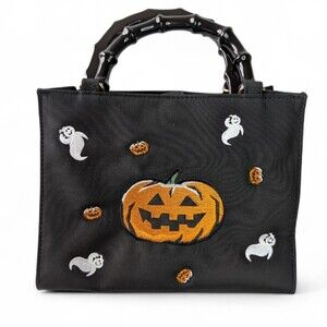 Kim Rogers Black Halloween Embroidered Handbag Jack-o'-lantern Ghosts
